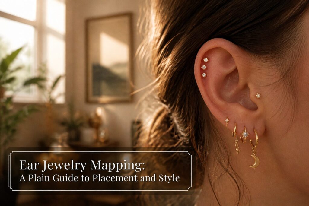 Various ear jewelry styles showcased on a model's ear.