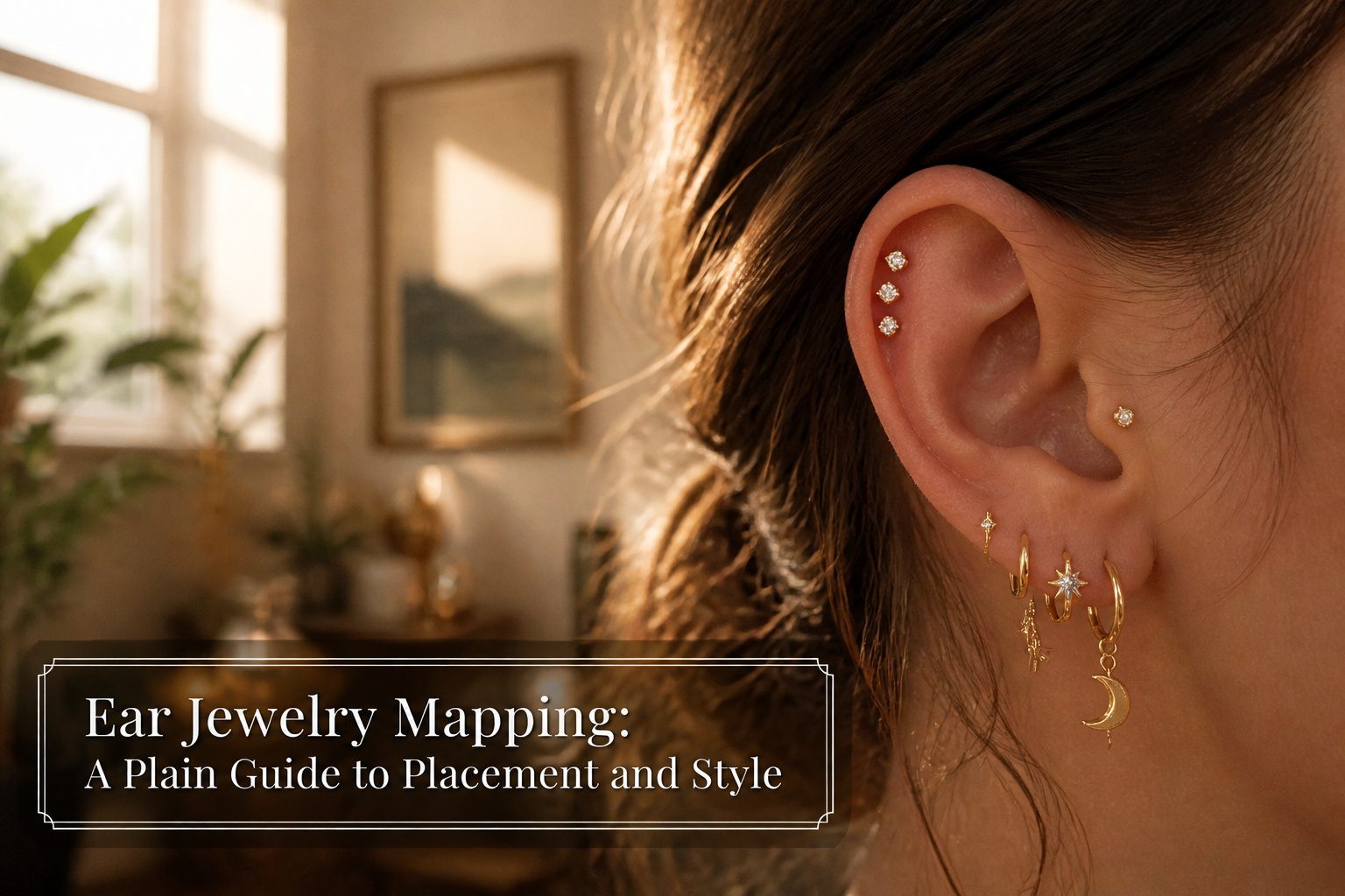 Various ear jewelry styles showcased on a model's ear.