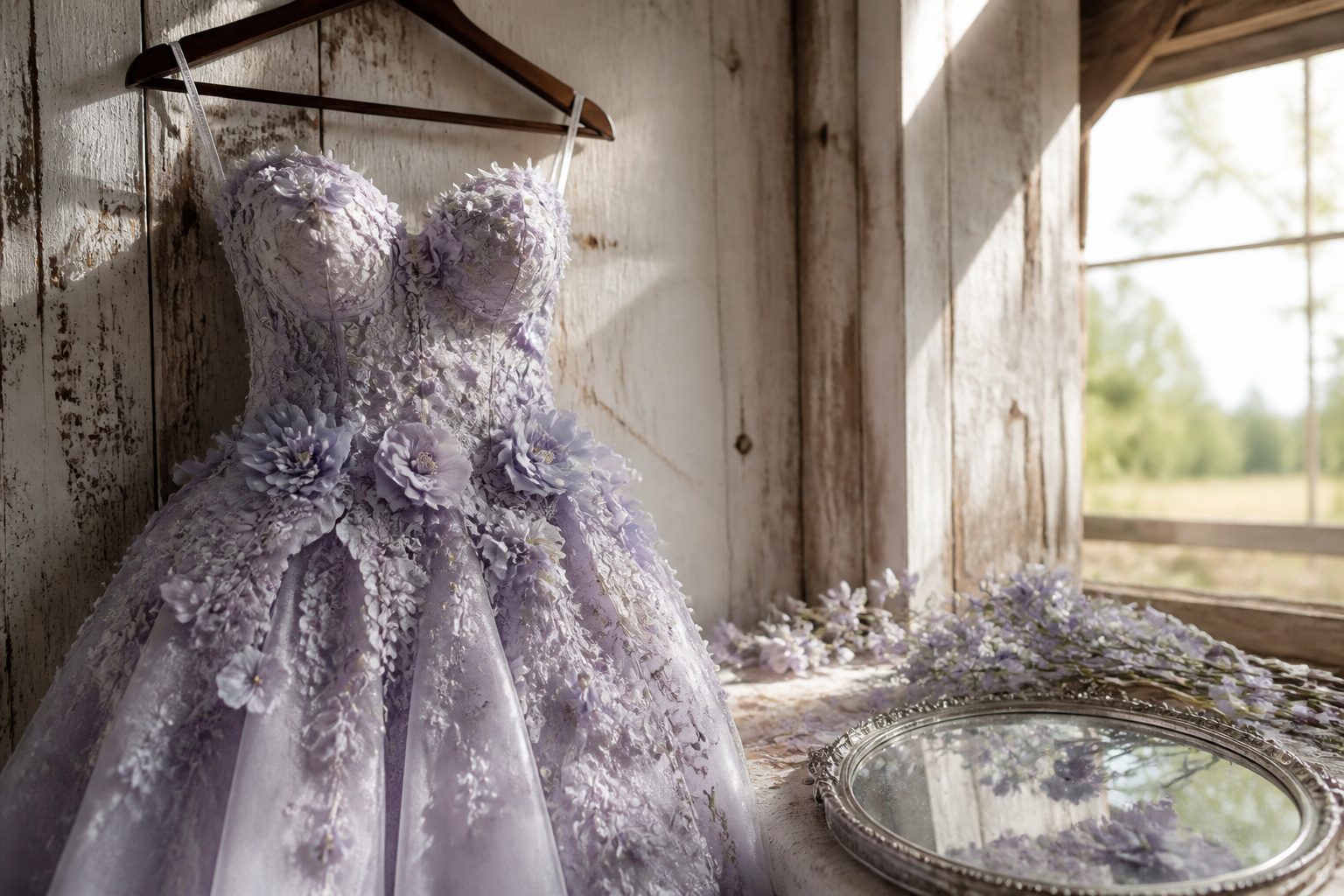 Various fantasy wedding dresses displayed on mannequins.