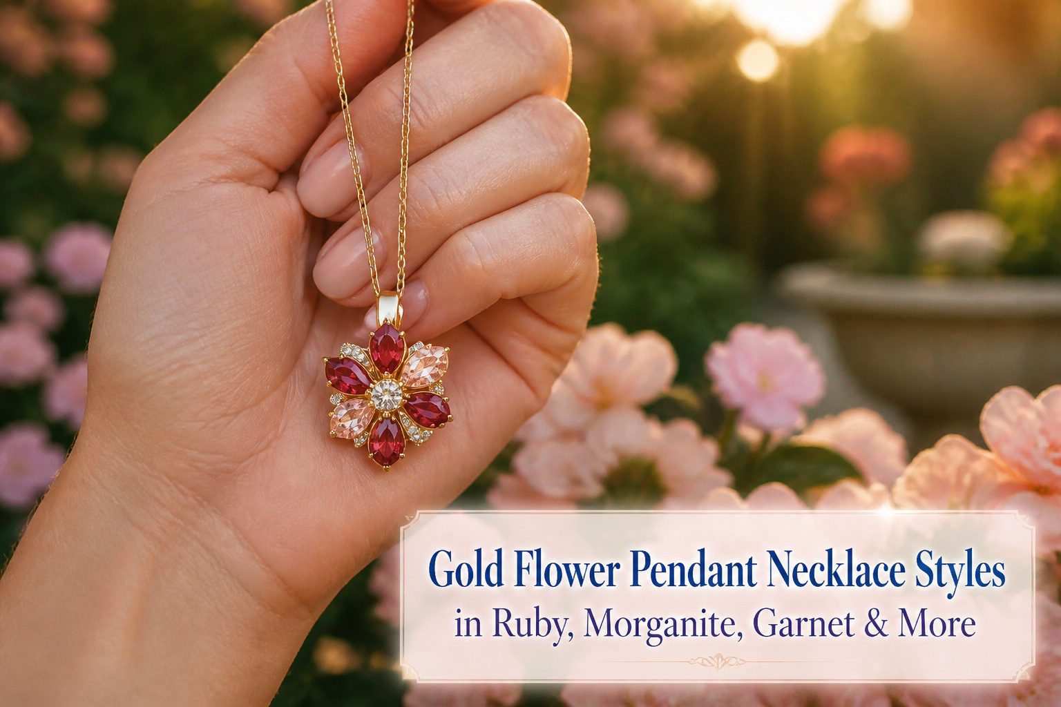 A collection of gold flower pendant necklaces with various gemstones.