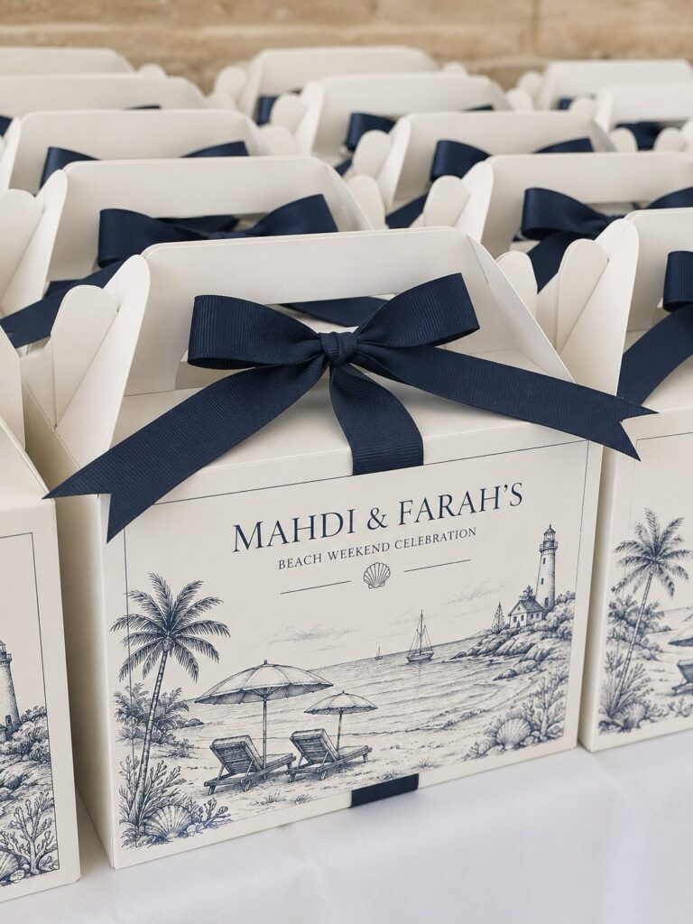 White wedding favor boxes with navy ribbons and custom beach scene illustrations.