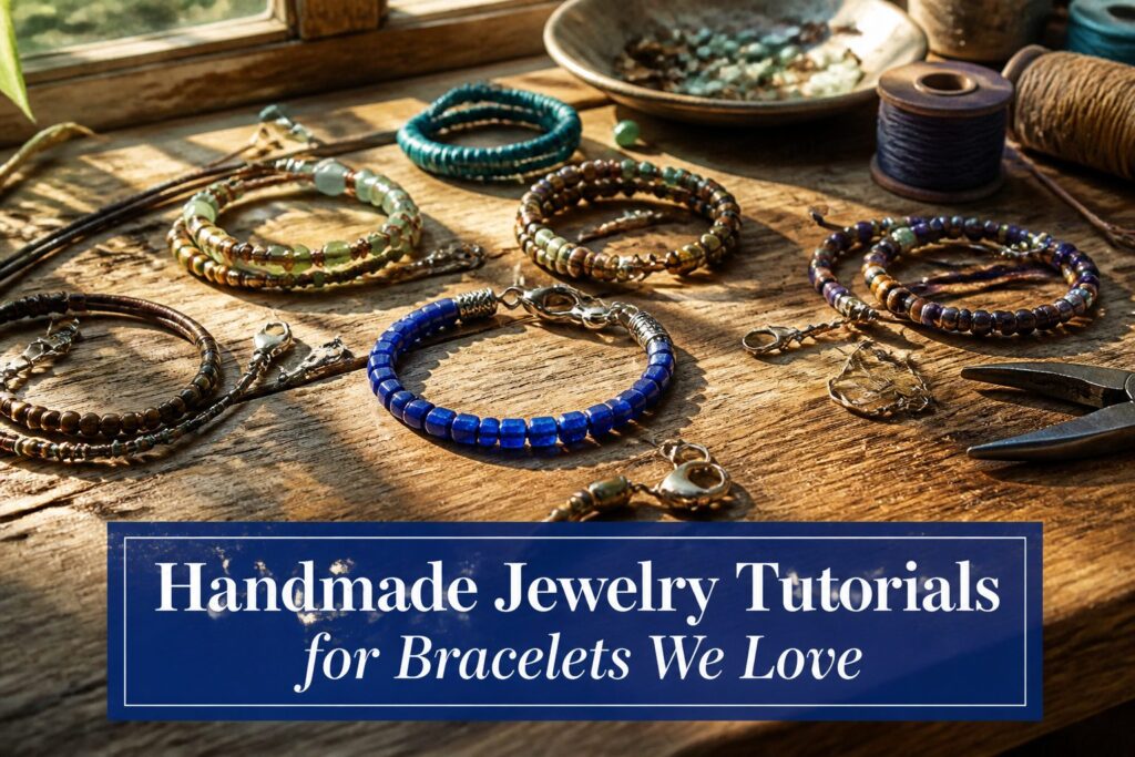 Various handmade bracelets arranged on a textured background.