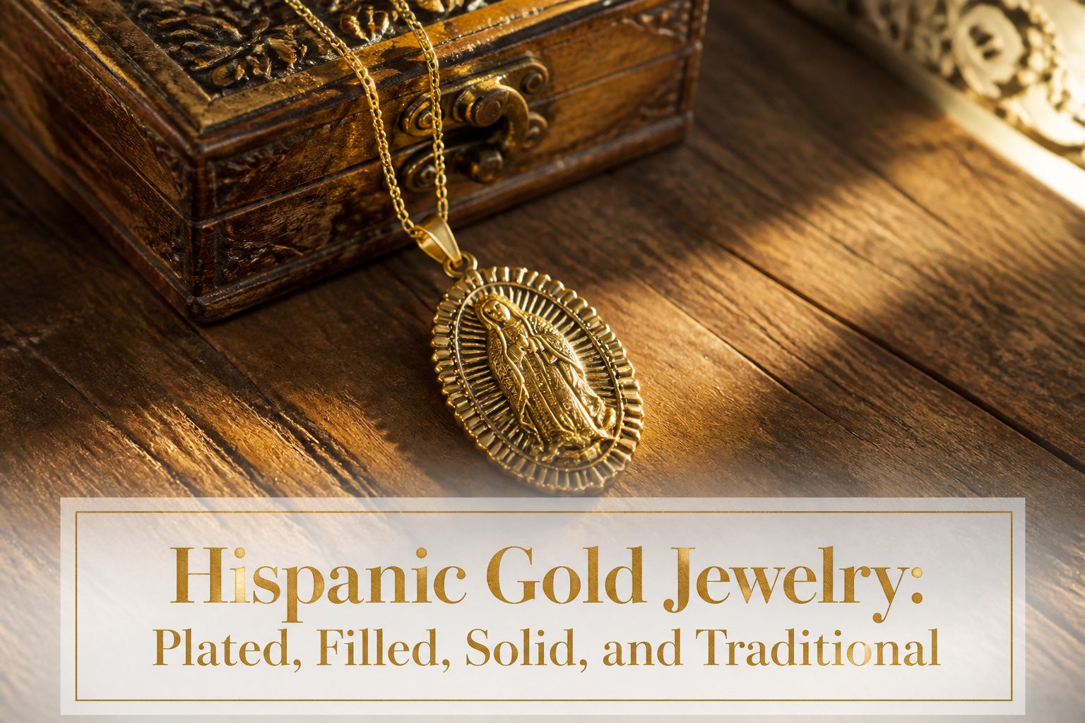 Various pieces of Hispanic gold jewelry displayed together on a surface.