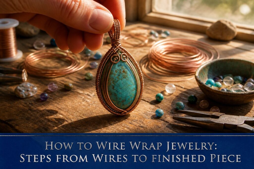 An artisan wrapping wire around a stone on a wooden workbench.