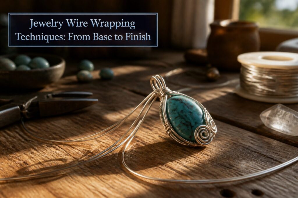 A workspace with tools and materials for jewelry wire wrapping.