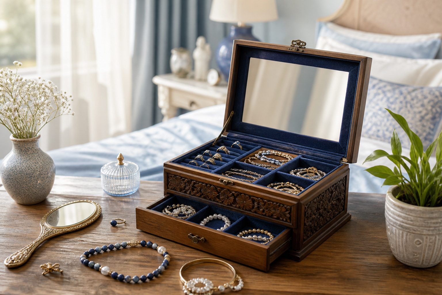 A beautifully organized dressing table with jewelry and accessories in soft morning light.