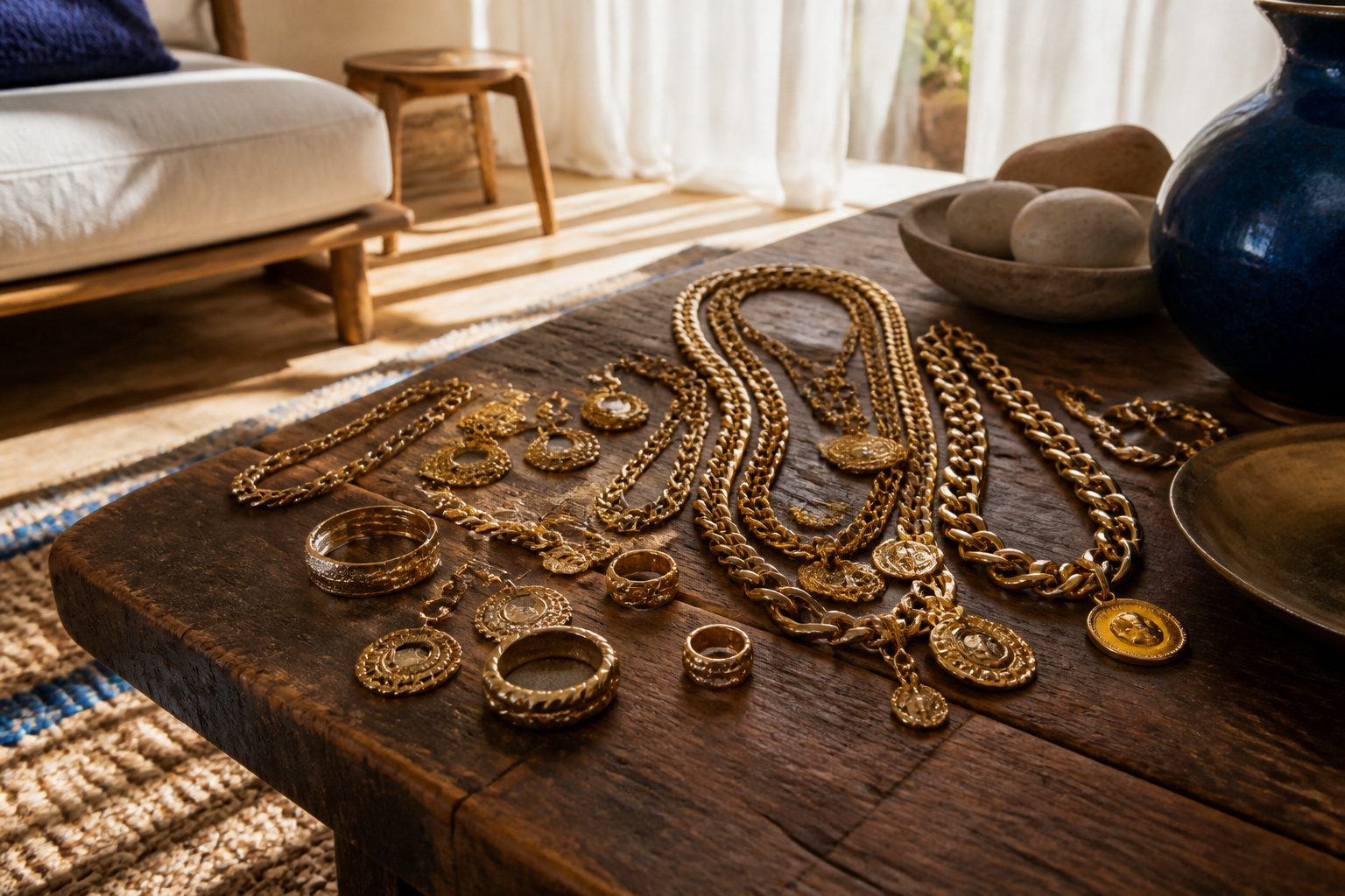 A collection of maximalist gold jewelry including oversized earrings and chunky necklaces.