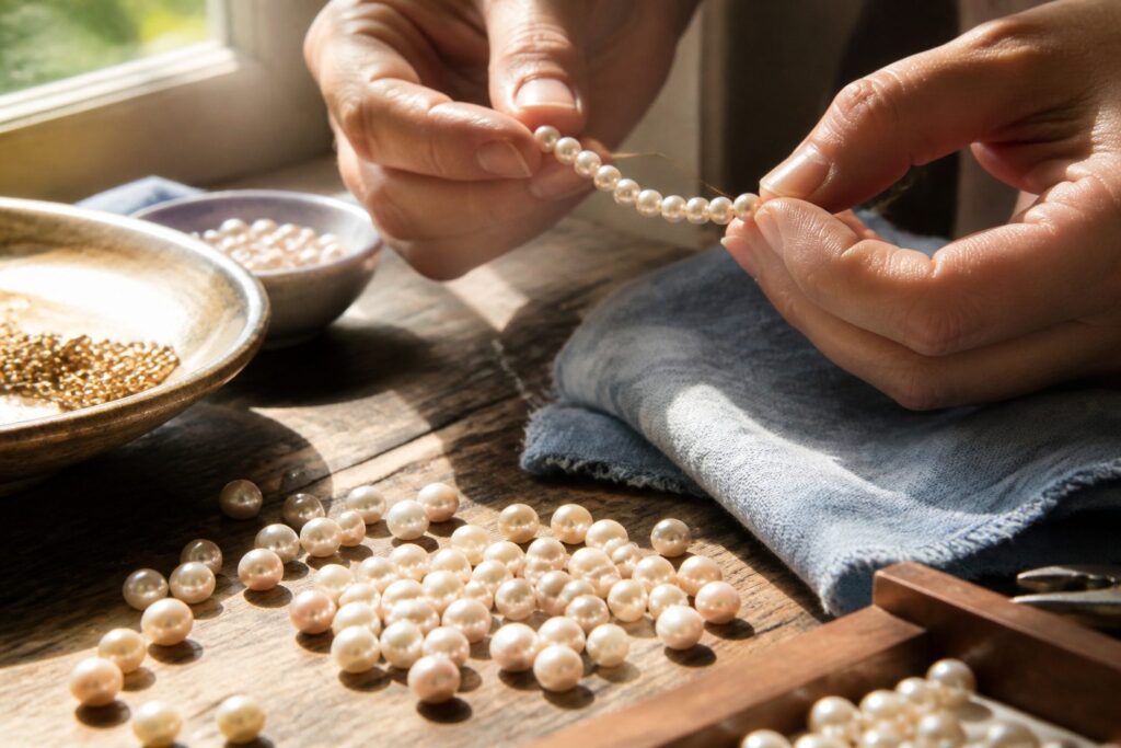 A workshop with a jewel maker and various freshwater and saltwater pearls.