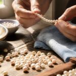 A workshop with a jewel maker and various freshwater and saltwater pearls.