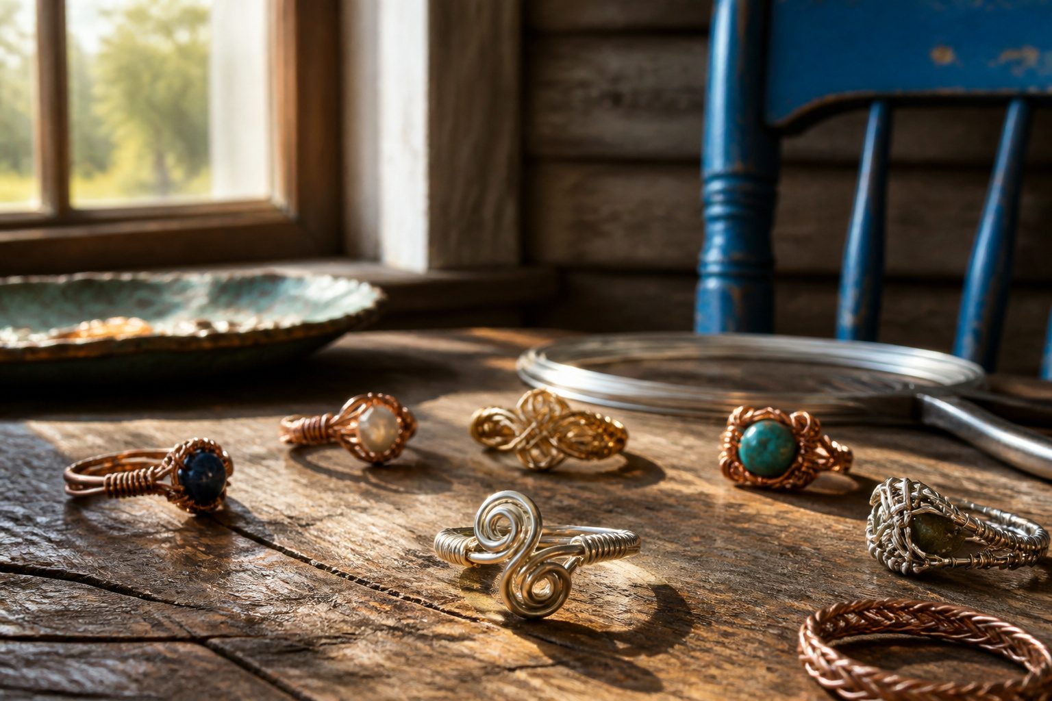 Several handmade wire rings with different designs and stones.