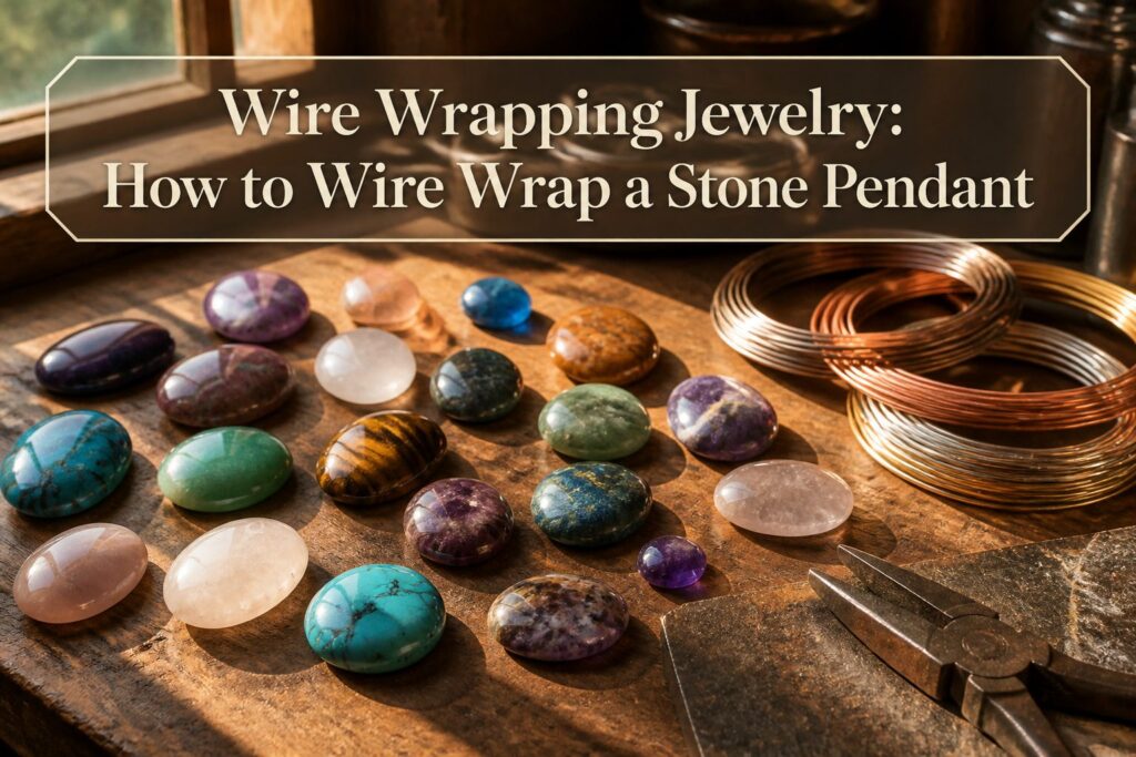 Wire wrapping tools and materials including various wires and a stone.