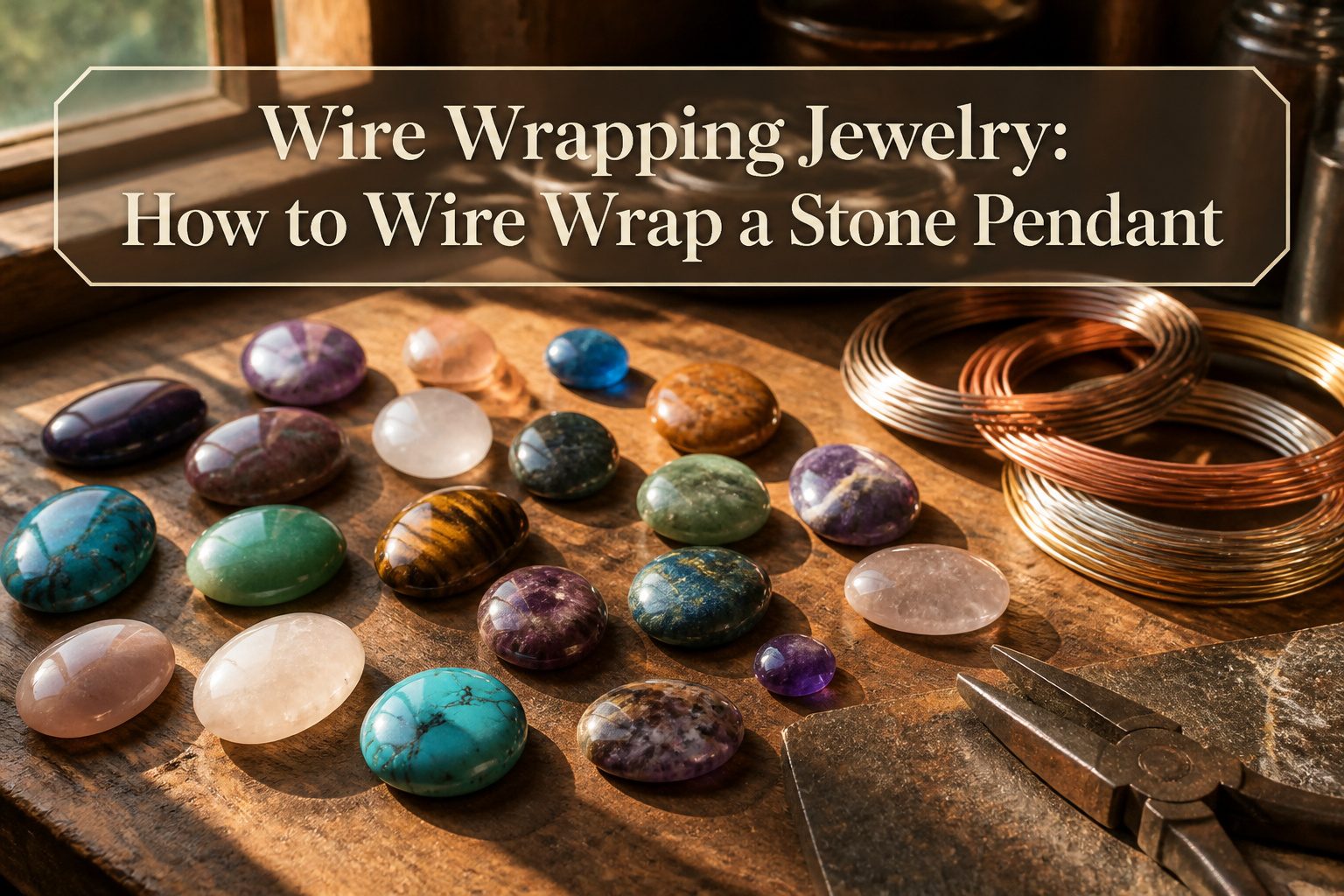 Wire wrapping tools and materials including various wires and a stone.