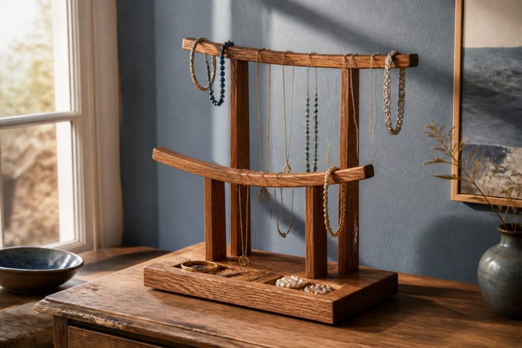 Wooden jewelry holder displaying various pieces of jewelry inside.